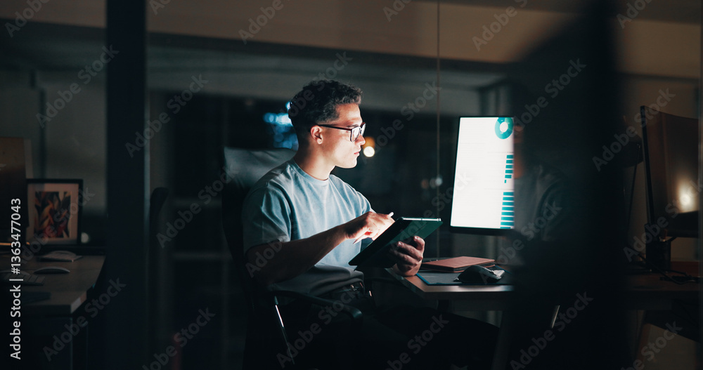 Poster overtime, creative or man on computer for startup analytics report, deadline or online research. eng