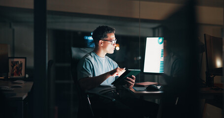 Overtime, creative or man on computer for startup analytics report, deadline or online research. Engagement, night or content strategist on tablet for digital marketing trends or social media growth