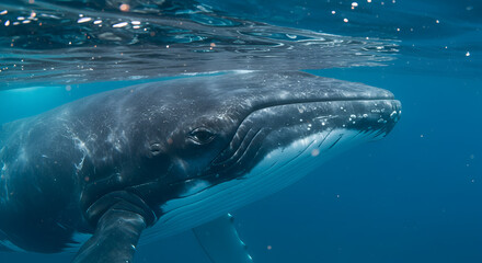 Fototapeta premium Majestic humpback whale eye contact under the ocean surface level waters