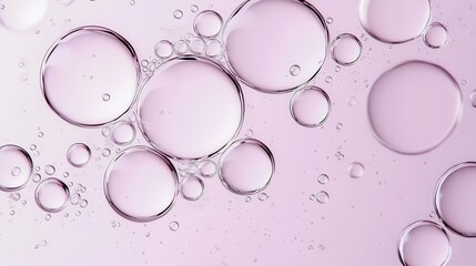 Transparent bubbles of different sizes are floating on a pink surface, creating an abstract and visually appealing background with a scientific or cosmetic feel