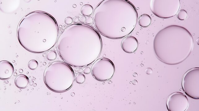 Transparent bubbles of different sizes are floating on a pink surface, creating an abstract and visually appealing background with a scientific or cosmetic feel
