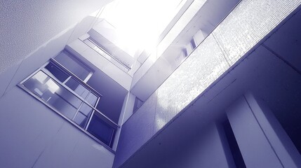 Fototapeta premium Modern apartment building exterior, sunlit, low angle view