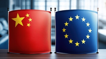 Dual flags of China and the European Union are showcased prominently indoors. This representation emphasizes global partnerships and cultural exchanges, fostering dialogue and collaboration