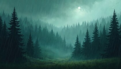 Mystic forest landscape during rain. Pine trees in fog, drizzle. Dark green emerald tones. Evening, night view, moonlight shines through clouds. Nature, calm scene, wallpaper, background illustration.
