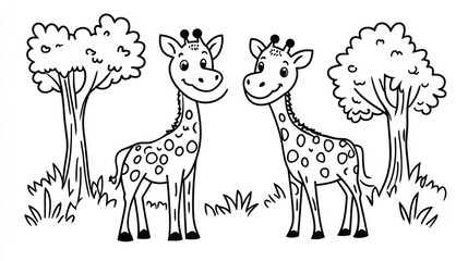 Two cartoon giraffes in African savanna, coloring page