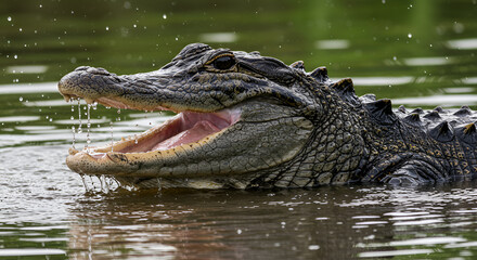 Fototapeta premium Menacing alligator bellows, spraying water droplets in swampy wetlands environment
