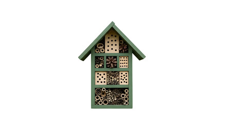 Colorful insect hotel designed for biodiversity, showcasing various materials and textures for attracting beneficial pollinators and garden insects
