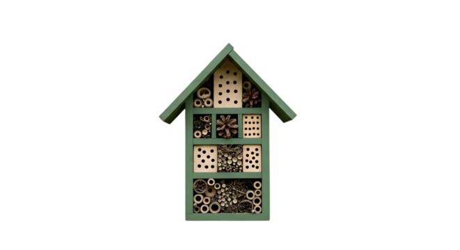 Colorful insect hotel designed for biodiversity, showcasing various materials and textures for attracting beneficial pollinators and garden insects