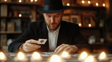 A magician painting tarot visions on a chalkboard wall in a rustic study