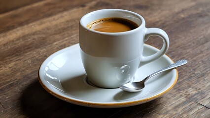 Fototapeta premium Aromatic espresso in a white cup, served on a saucer with a spoon, resting on a rustic wooden table. Perfect for coffee shop, cafe, or beverage themes.