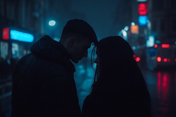 A young couple in a romantic embrace during a dark evening