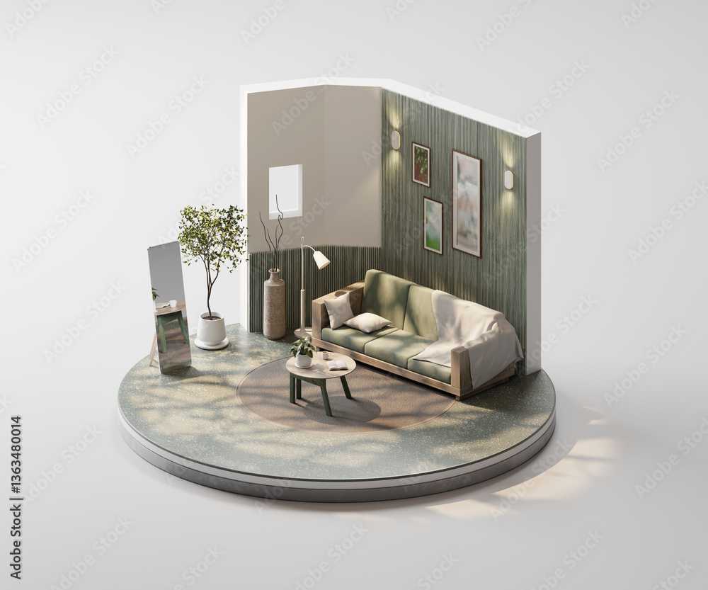 Poster isometric view round living room muji style open inside interior architecture 3d rendering
