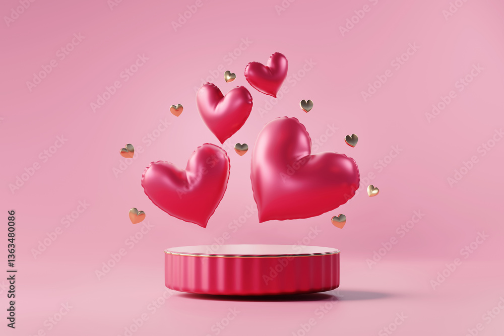 Poster podium red valentine's backdrop for product display 3d rendering