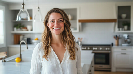 A woman stands in her freshly cleaned kitchen with a joyful smile, appreciating the organized and inviting environment that reflects her efforts and love for her home.