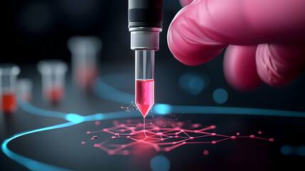 Close up of a gloved hand using a pipette to dispense red liquid onto a digital interface in a laboratory setting