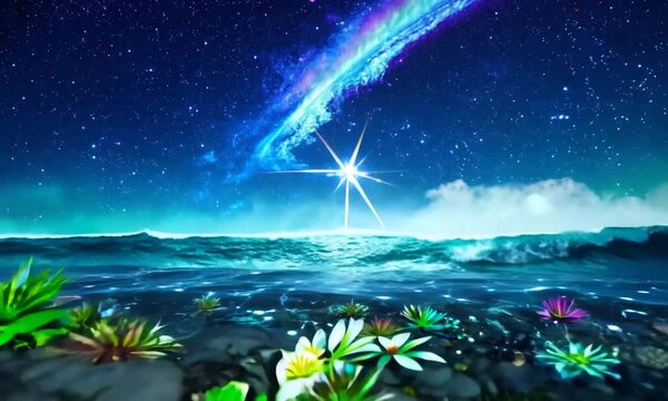 Beautiful fantasy tropical beach with Milky Way star in night skies