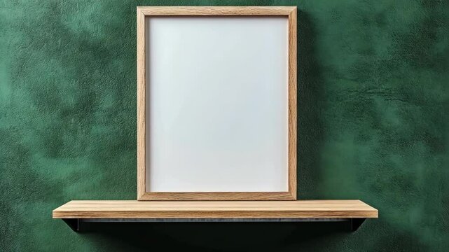 Simple wooden frame on a minimalist wooden shelf against a dark green textured wall in a modern interior setting