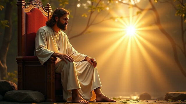 Almighty son of God our holy savior Jesus sits on a throne with divine heavenly sunlight