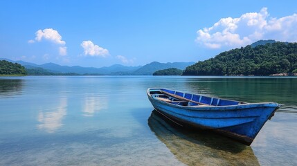 Naklejka premium Small blue boat floating on tranquil mountain lake, verdant shoreline framing peaceful alpine landscape beneath clear sky