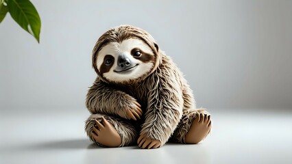 Adorable three-toed sloth sitting, smiling sweetly against a minimalist grey background. Perfect for nature, animal lover, and slow living themed projects.