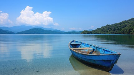 Naklejka premium Blue wooden boat resting near rocky shoreline, mirroring snow capped mountain peaks and soft white clouds on glassy lake surface during serene summer morning