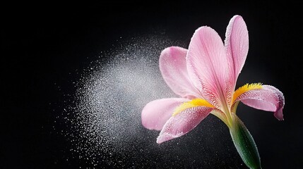 Fototapeta premium A pink flower with water droplets on black background and subtle sand speckles