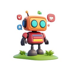 Naklejka premium Cute 3D Robot on Grass Receiving Social Media Likes and Notifications