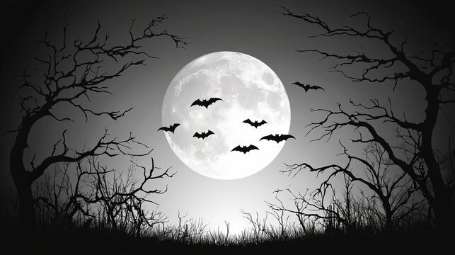 A minimalistic illustration of a full moon surrounded by bats and leafless trees against a dark background