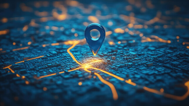 High-tech 3D map with glowing GPS location pin on a dark city grid. Concept of geolocation, smart navigation, digital mapping technology and intelligent urban mobility systems - Powered by Adobe