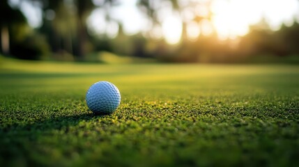 Golf ball positioned on verdant course grass, golden sunset light casting warm glow across tranquil landscape, evoking peaceful moment for golf devotees