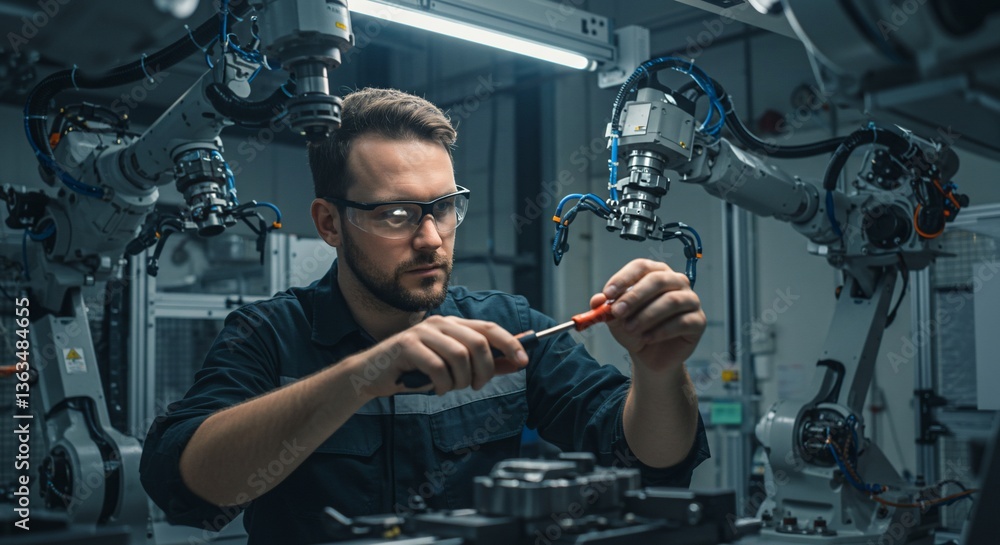 Poster engineer maintaining automated machinery. focused technician working on precision components, surrou