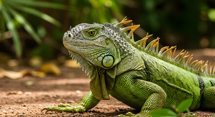 Obraz premium Captivating close-up of a vibrant green iguana showcasing its unique texture