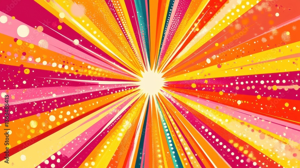 Poster radiant light rays spreading dynamically from glowing center, illuminating energetic background with
