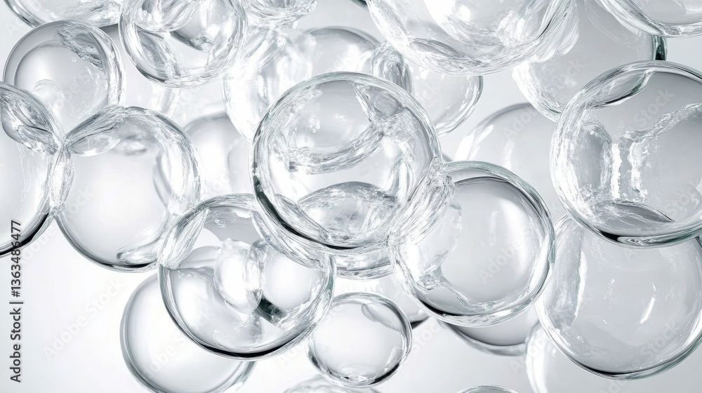 Poster glossy transparent spheres floating, refracting light and creating abstract geometric pattern, symbo