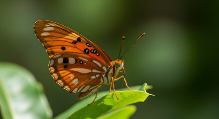 Fototapeta premium Captivating gulf fritillary butterfly resting delicately on a vibrant green leaf