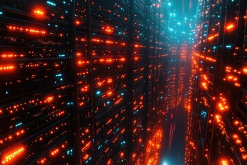 Fototapeta premium Exploring the Illuminated Data Center with Rows of Servers and Bright Lights