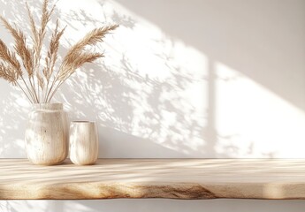 Wooden vase with pampas grass on a light brown wooden surface, sunlit shadows