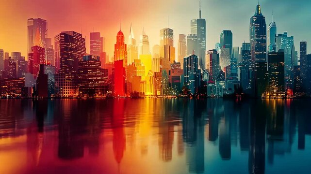 Abstract cityscape with overlapping buildings and vibrant colors, capturing the essence of urban life