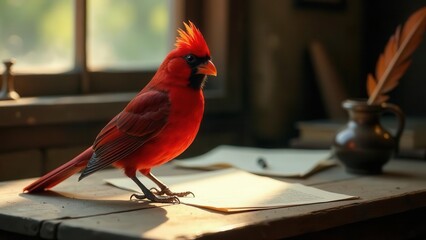 A vibrant red cardinal perched on a rustic wooden desk, beside an antique inkwell and quill pen, illuminated by soft sunlight streaming through a window, creating a serene and captivating scene.
