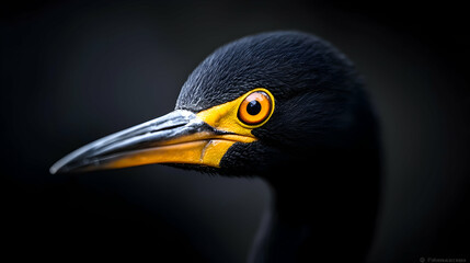 Fototapeta premium Close Up Portrait of a Black Cormorant with Bright Yellow Eyes and Beak Against Dark Background