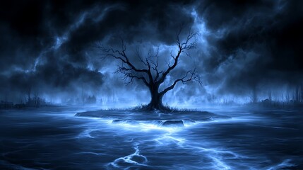 Fototapeta premium A solitary tree stands amidst dark stormy weather and murky waters
