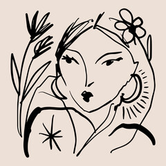 Modern line black collage face with abstract floral shapes, earring, isolated stylish brush handmade fashion print. Vector eps and jpg image, clipart, editable isolated details.