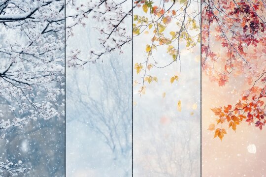 Seasonal transitions beautifully depicted in vertical format showcasing winter, spring, summer, and autumn with ample space for text