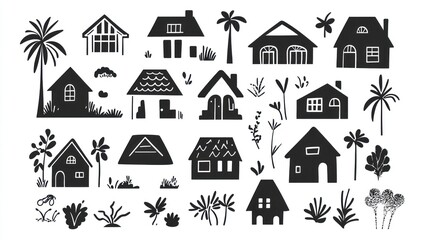 Tropical houses, palm trees, plants; real estate illustration