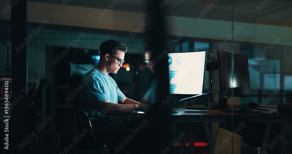 Poster night, creative or man on computer in startup for analytics report, deadline or online research. eng