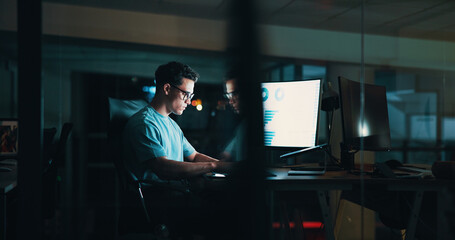 Night, creative or man on computer in startup for analytics report, deadline or online research....