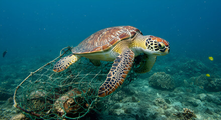 Sea Turtle Entangled in Fishing Net, a Disturbing Look at Ocean Pollution