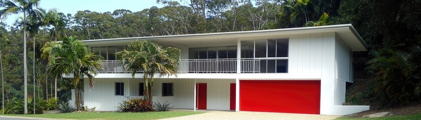 Fototapeta premium Modern house with red garage, tropical trees in front and a forest in the background for real estate
