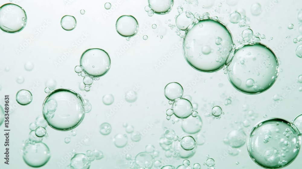 Poster sparkling green liquid featuring multiple bubbles varying in size, representing freshness, purity, a