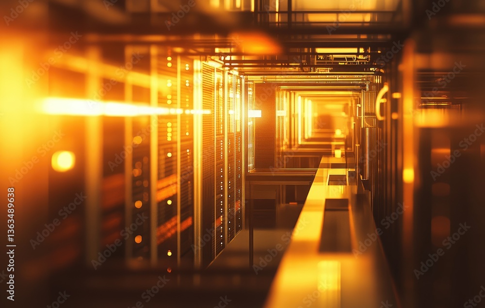 Poster illuminated server room data center with technology infrastructure racks